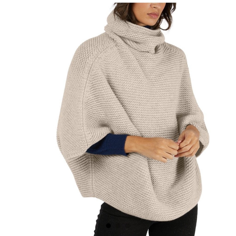 Poncho sweater cowl / turtleneck sleeved wool blend made in POLAND oatmeal Small